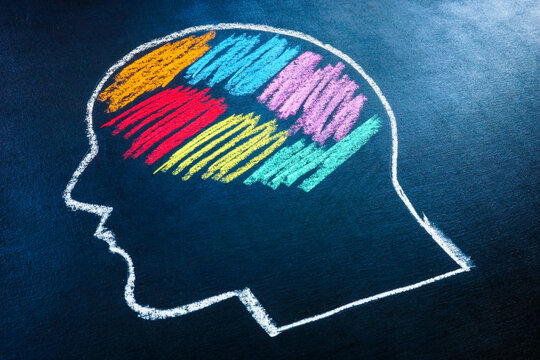 Head shape with colorful chalk spots as symbol of neurodivergent. Neurodiversity concept.