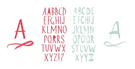 hand drawn calligraphy alphabet, red, mint, font, comic font set, isolated on white background 