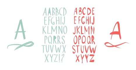 Fototapeta na wymiar hand drawn calligraphy alphabet, red, mint, font, comic font set, isolated on white background 