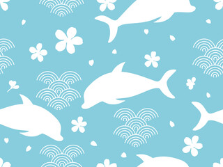 Seamless pattern with dolphin cartoons, cherry blossom Sakura flower and Asian waves on blue mint background vector illustration. Cute childish print.