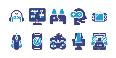 Gaming icon set. Duotone color. Vector illustration. Containing gaming console, game, play, video game, headphone, gaming, gaming chair, online gaming, mouse.