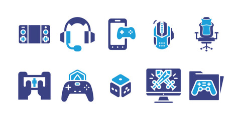 Gaming icon set. Duotone color. Vector illustration. Containing gaming chair, computer mouse, mobile game, headset, game console, folder, computer, dice, gaming.
