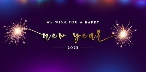 We wish you Happy New Year 2023 handwritten lettering tipography sparkle firework gold white black blue background