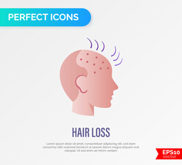 Hair loss. Bald place on men scalp. Alopecia thin line icon. Vector illustration.