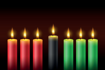 Happy kwanzaa. Vector web banner, poster, card for social media, networks. Seven lighted candles with flames on a dark background.