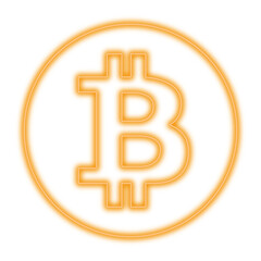 Golden neon light bitcoin sign. Cryptocurrency neon coin bitcoin symbol isolated on transparent background