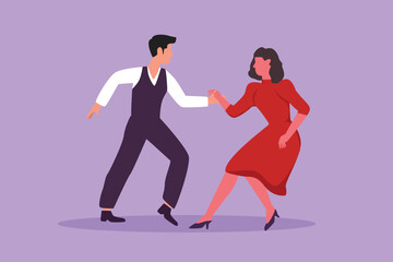 Fototapeta na wymiar Cartoon flat style drawing happy people dancing salsa. Young man and woman in dance. Pair of dancer with waltz tango and salsa style moves. Couple dancing together. Graphic design vector illustration