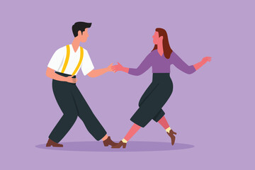 Fototapeta na wymiar Character flat drawing attractive man and woman dancing Lindy hop or Swing. Young male and female performing dance at school or party. Happy couple dancing together. Cartoon design vector illustration