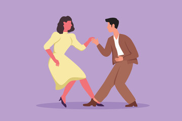 Graphic flat design drawing attractive man and woman dancing Lindy hop or Swing. Male and female characters performing dance at school. Happy couple dancing together. Cartoon style vector illustration