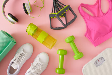 Fitness accessories concept. Flat lay composition of white sneakers, dumbbells, expander, white...