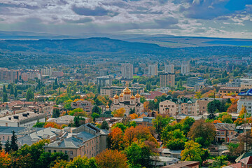 Vin on the central part of Pyatigorsk, Stavropol Territory. Spassky Cathedral with golden domes. Autumn landscape of the resort town