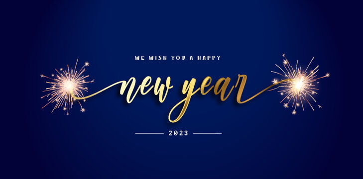 We wish you a Happy New Year 2023 unique modern ribbon calligraphic gold text with sparkler firework gold black blue color background