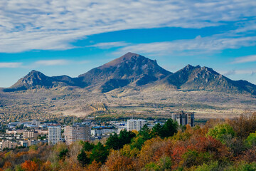 Mount Beshtau near Pyatigorsk, Stavropol region. Beshtau is an isolated five-domed igneous mountain near Pyatigorsk in the Northern Caucasus.