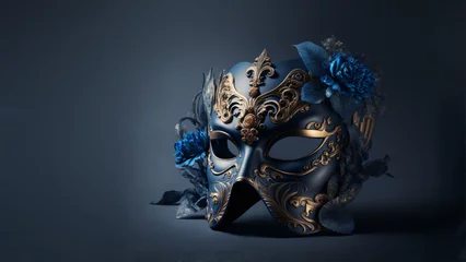 Türaufkleber blue venetian carnival mask with detailed golden details isolated on clean blue background,space for text,generative ai © overrust