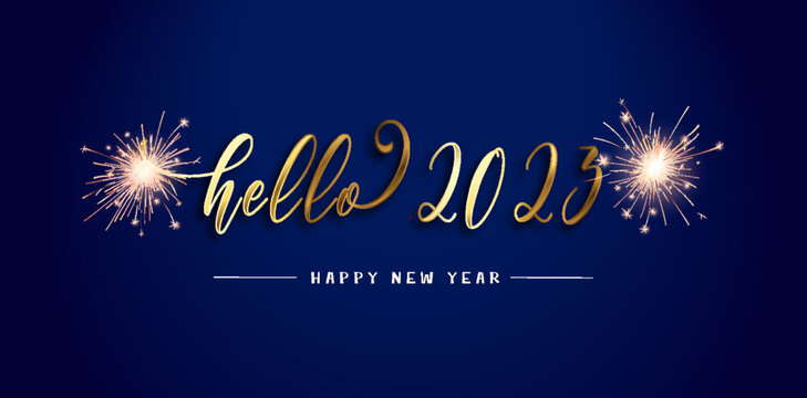 We wish You Happy New Year 2023 modern design gold shining light typography sparkle fireworks with 2023 shadow numbers dark blue banner