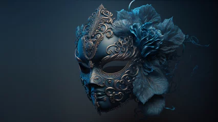 Gardinen blue venetian carnival mask with detailed golden details isolated on clean blue background,space for text,generative ai © overrust