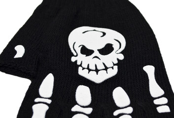 Fingerless gloves that glow in the dark. Gloves with the image of bones and skulls. Accessories and decorations for mtalheads, rockers, punks, bikers, goths.