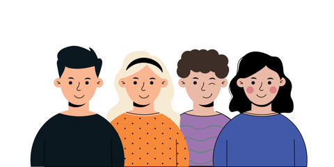 Young women and men smiling on isolated white background.Friend concept with a group of young people.Cartoon characters. Teamwork, togetherness, friendship concept. Hand drawn colorful.