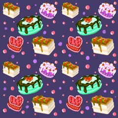 Seamless pattern of hand draw cute cake on purple background