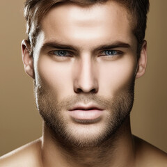 Obraz premium A handsome guy with a manly face and look. Model of a man with a beard. AI Art.
