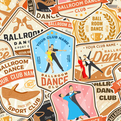 Ballroom dance sport club seamless pattern. Concept for shirt or logo, print, stamp or tee. Dance sport sticker with shoe brush, man and woman, shoes for ballroom dancing silhouette. Vector