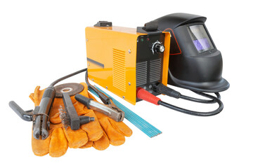 Inverter welding machine and mask, electric welding equipment on isolated white background