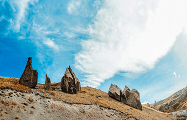 Naklejka premium Dragon's Teeth Rocks in Elbrus National Park. The natural boundary of Dzhily Suu. Sights of the Kabardino-Balkarian Republic