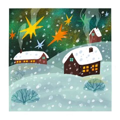 cozy illustration depicting a winter landscape with snow-covered houses.  You can use it as a postcard, sticker or illustration for clothes, books, magazines.	