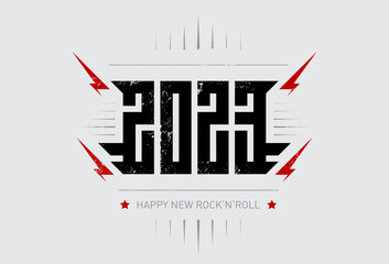 Happy New Rock'n'roll 2023 - music poster with stylized inscription, red lightnings and star. Cool print for t-shirt apparels with inscription. 2023 - t-shirt design for new year party.