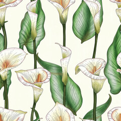 Hand drawn watercolor calla lilies. Seamless pattern with calla flowers, design elements. Floral pattern for invitations, cards, print, gift wrap, manufacturing, textile, fabric, wallpapers - obrazy, fototapety, plakaty
