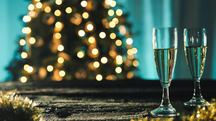 Champagne Glass Against Christmas Tree