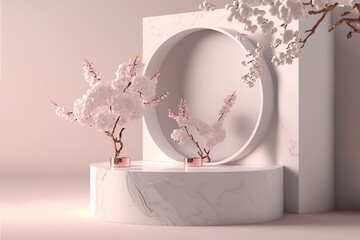 Cylindrical display stand or showcase mockup for merchandise in pink and light blue background with pink flowers, ai