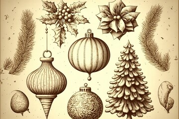 Christmas decoration collection | Set of calligraphic and typographic elements, frames, vintage labels, ribbons, borders, holly berries, fir-tree branches and balls. AI