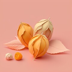 physalis isolated on pink-orange background, pastel colors. Colorful poster and banner. Cartoon minimalist airy style. AI