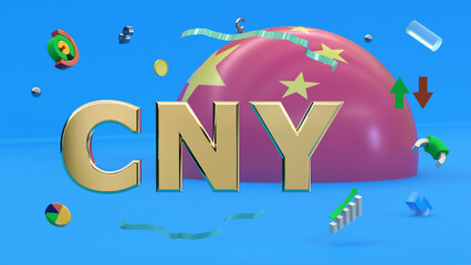 Gilded letters CNY against the background of a fragment of the flag of China, abstract multi-colored shapes, arrows, currency symbols and charts. 3D rendering. Finance, forex concept