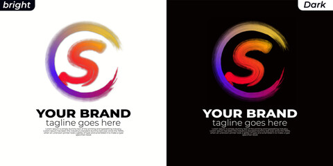 Fototapeta premium logo Brush initial S, CS, SC, OS, SO, circle S ,Round spiral. Wavy cycle. Circular pattern. Black frame on white background. Rotate ring. Circe line. colors orange, yelow, blue, pink
