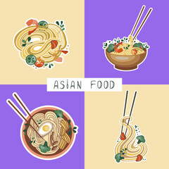 Fototapeta na wymiar Asian food illustrations. Pattern with udon or ramen soup. Noodles and rice with seafood. Suitable for restaurant banners, logos, and fast food advertisements. Korean or Chinese food.