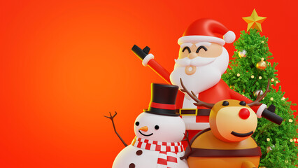 Santa clause snowman and Christmas tree gifts box, Happy New year and Merry Christmas greeting card, 3D rendering.