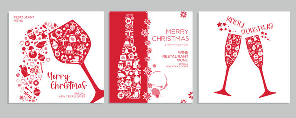 Holiday christmas background restaurant Menu cards set with glasses of wine, bottles new year icon in red colors. Vector christmas design card. - 552958748