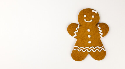 Cookies, gingerbread man on a white background with free space for text.