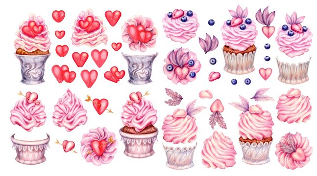 Hand drawn watercolor pink cupcake with heart for Saint Valentine’s Day, wedding design, wallpaper, wrapping paper, sweets, gift boxes, chocolate mug. Elements isolated on white background.