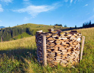 Firewood stack on summer mountain farmyard  (Carpathian Mountains, Ukraine)