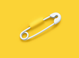 White safety pin pierced through yellow background. Clipping path included
