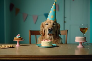 Funny cute dog celebrating his birthday. Cute. Generative AI