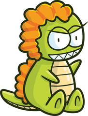 Obraz premium Funny green dragon with orange hair sitting happily. Have a sharp teeth and short tail.