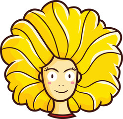 Cute and beautiful woman cartoon illustration with big yellow hair smiling. Unique concept for hair saloon visual.