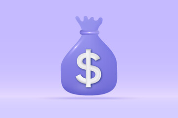 3d money bag dollar icon Isolated on light blue background. Realistic moneybag saving, investment, exchange, finance, budget concept 3d vector rendering illustration.