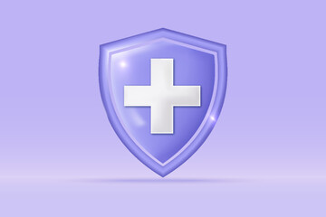 3d Medical emergency plus sign icon Isolated on light blue background. Realistic shield first aid and health care concept 3d vector rendering illustration.