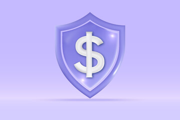 3d money dollar icon Isolated on light blue background. Realistic shield money saving, investment, exchange, finance, budget concept 3d vector rendering illustration.