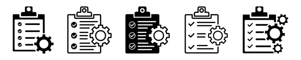 Set of clipboards with gears vector icons on white background. Check list with checkmark. Document and cogwheel.